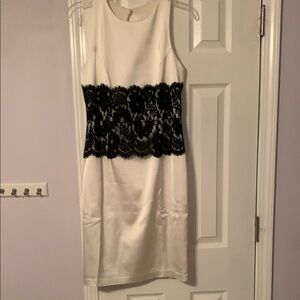 Xscape Black and White Sheath Midi Dress Sleeveless Crew Neck